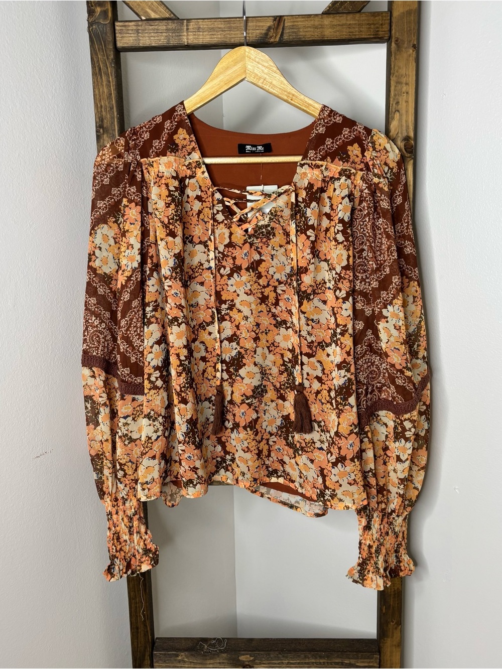 Miss Me Rust Brown Floral Lace-Up Peasant Top Size S
